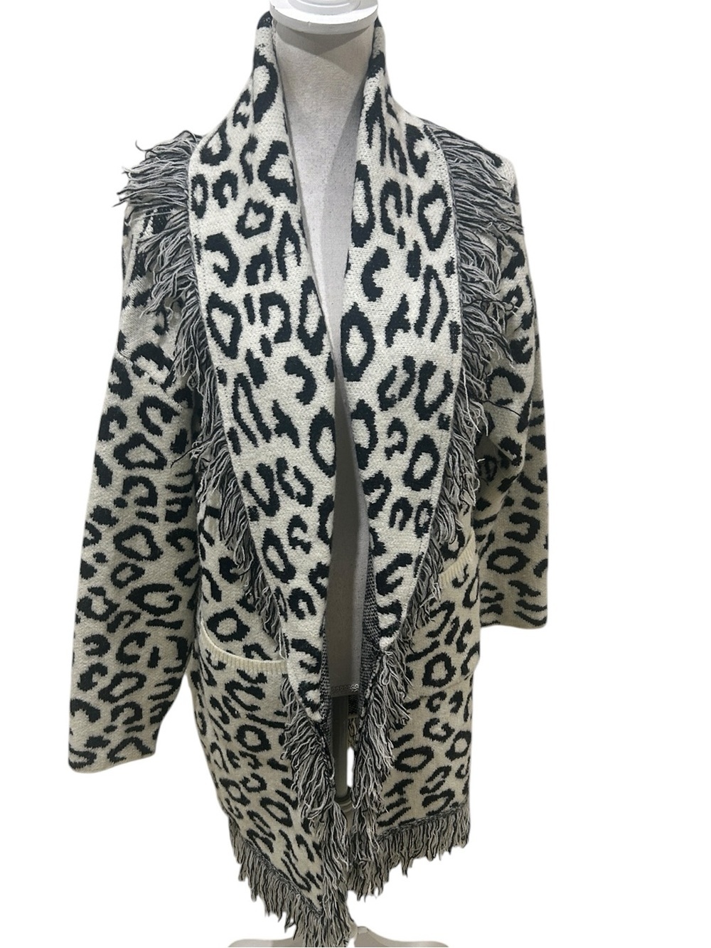 ESQUALO Nwt Black off white animal print fringe  trim Open-Front Cardigan medium
